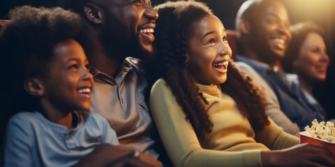 Fototapeta premium african american happiness family enjoy movie theater watch cinema together fun laugh smile happiness entertainment together family concept