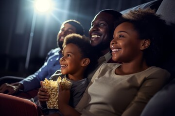 Fototapeta premium african american happiness family enjoy movie theater watch cinema together fun laugh smile happiness entertainment together family concept