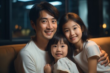 asian family enjoy movie theater watch cinema together fun laugh smile happiness entertainment together family concept Young smiling family with daughter watching movie in cinema