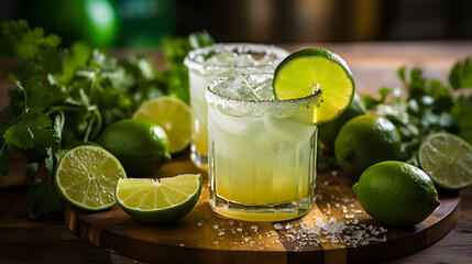A close-up shot of a vibrant margarita, a popular drink during Cinco de Mayo, complete with salt and lime, adding a refreshing touch to the celebrations.