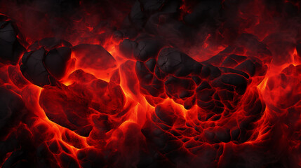 Seething hot lava in the volcano crater close up