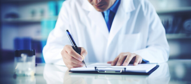 homme en blouse blanche en train de r&eacute;diger une fiche de compte rendu avec un stylo sur une planchette