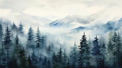Keuken foto achterwand Mistig bos fog in the forest  mountains.landscape with forest, Foggy Forest Pine Tree Woods .landscape with green silhouettes of trees and hills.