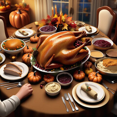 roasted turkey with various types of food is decorated for thanks giving or christmas day party ai generative.