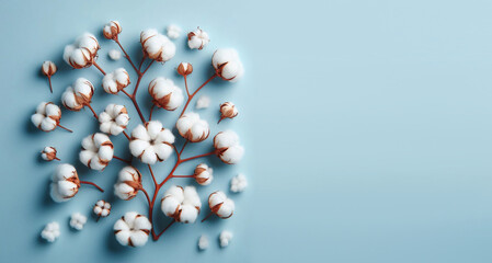 Cotton flower on pastel pale blue paper background, overhead. Generative AI.