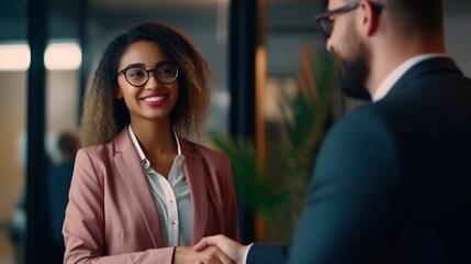 Executive Woman Exudes Professionalism in Formal Attire, Engaging in a Firm Handshake and Warm Smiles with Her Manager, Signifying a Collaborative Partnership Rooted in Mutual Respect and Shared Goals