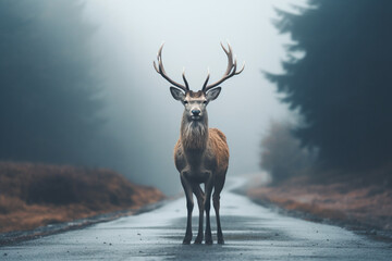 Misty Morning Encounter Deer Standing on Road Near Forest. Caution for Road Hazards, Wildlife, and Safe Driving.