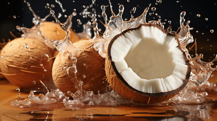 Splashes and cracked fresh coconuts. Generative AI.