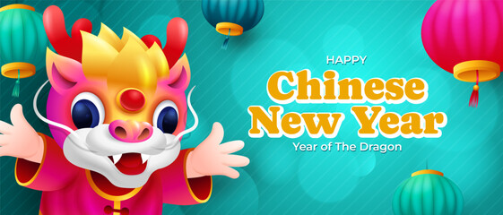 Cheerful little dragon cartoon, hanging lantern with green background for chinese new year banner