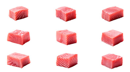 Collection of PNG. Raw bluefin tuna cube meat isolated on a transparent background. - obrazy, fototapety, plakaty