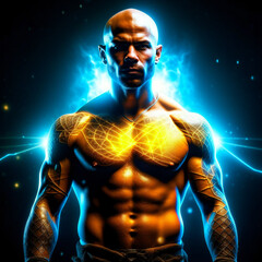 Fototapeta na wymiar Muscular, shaved-headed young fighter. radiates energy. neon colors. The background is black with a blue and white spotlight.
