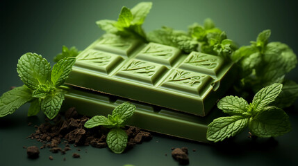 Chocolate mint flavor image art / green chocolate bar and mint leaves 2  Generative AI.