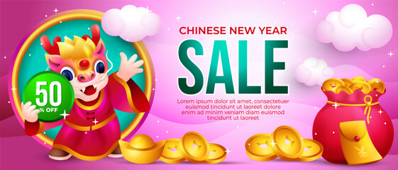 Chinese New year sale banner, cute  dragon with golden ingots, coin and cloud in the pink sky