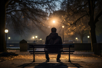 Young man sitting alone on bench expressing depression