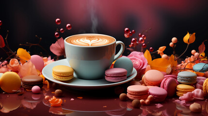 Obraz na płótnie Canvas Snacks and Tea Time / Latte Art Coffee and Macaroons. Generative AI.