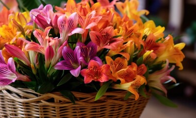 Bouquet of Alstroemeria flowers in a basket. Springtime Concept with Copy Space. Mothers Day Concept.
