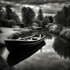 boat on the river black and white