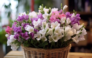 bouquet of freesia flowers in a wicker basket. Springtime Concept with Copy Space. Mothers Day Concept.