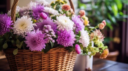 Colorful autumn flowers in a wicker basket on a wooden shelf. Springtime Concept with Copy Space. Mothers Day Concept.