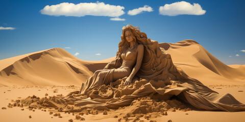 Sand statue of woman disintegrating in desert wind. - obrazy, fototapety, plakaty