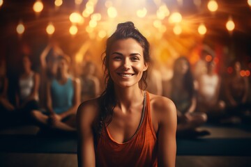 Portrait of a smiling woman doing yoga in a yoga hall against the background of other people, generated ai