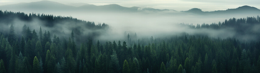 Super Ultrawide Foggy Tree Tops Forest Background - obrazy, fototapety, plakaty