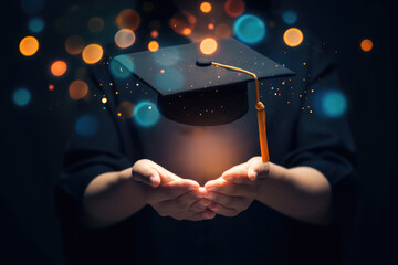 Hands showing graduation hat, Internet education course degree, E-learning graduate certificate program concept. - obrazy, fototapety, plakaty