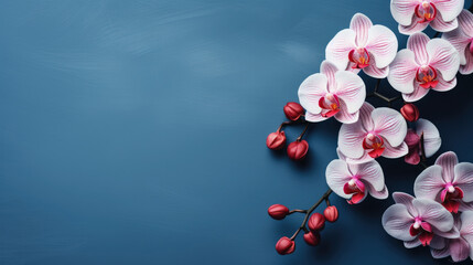 pink Orchid on dark blue background with copy space