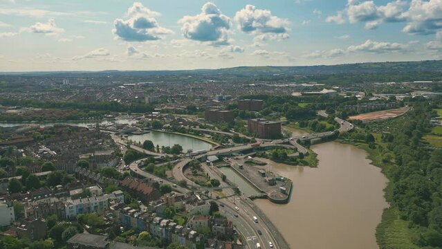 Aerial drone shot of the river Avon & harbourside in the city of Bristol