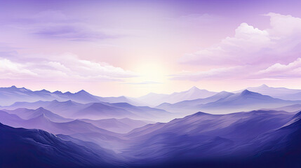 purple mountain landscape with fog and forest. Sunrise and sunset in mountains., vector illustration