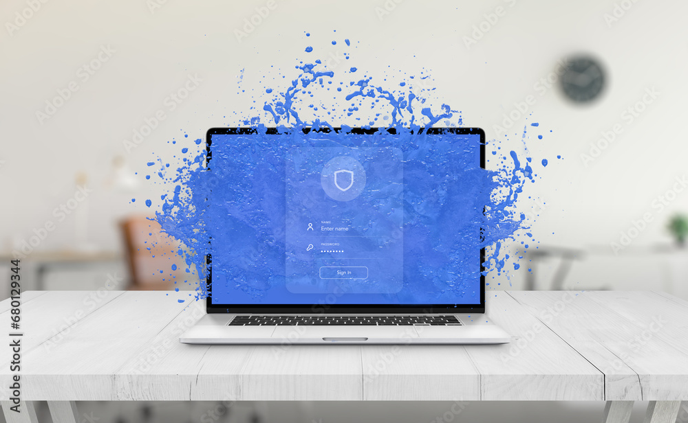 Poster dive into digital security with a laptop featuring a refreshing blue water splash and a sleek accoun
