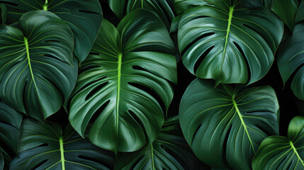 Fototapeta na wymiar Monstera Leaf Pattern Beautiful Tropical Plant, Closeup nature view of green leaf and nature background. Flat lay, Dark nature Concept.