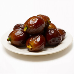 Obraz premium Plate with dates on a white background close-up. Generative AI