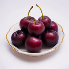 Plums on a saucer close-up on a white background. Generative AI
