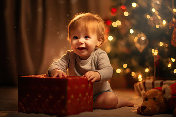 Happy little boy holds red Christmas gift in his hands against the blurry background of festively lit Christmas tree