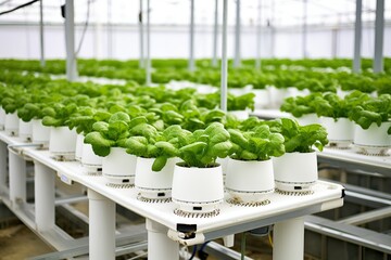 Hydroponic lettuce growing in a greenhouse, showcasing sustainable agriculture with rows of vibrant green plants - obrazy, fototapety, plakaty