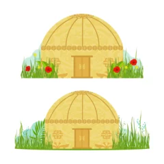 Deurstickers A yurt in a clearing. Grass and flowers. Kazakh national housing. Vector set. © olga_illustrator