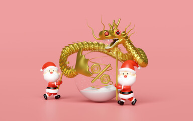 3d gold Chinese Dragon Dance with santa clausn, snow globe christmas decorative glass transparent, percentage, discount sales. merry christmas and happy new year, 3d render illustration
