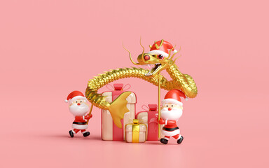 3d gold Chinese Dragon Dance with santa claus, gift box, hat. merry christmas and happy new year, 3d render illustration