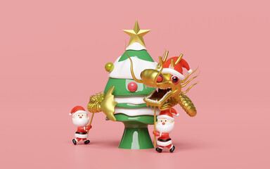3d gold Chinese Dragon Dance with santa claus, christmas tree, star. merry christmas and happy new year, 3d render illustration