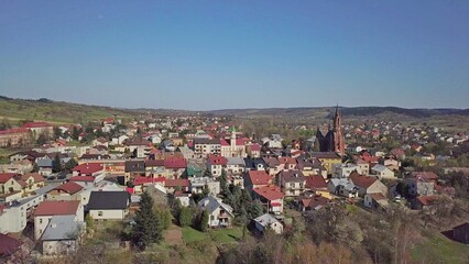 Kolaczyce, Poland - 9 9 2018: Photograph of the old part of a small town from a bird's flight. Aerial photography by drone or quadrocopter. Advertise tourist places in Europe. Planning a 