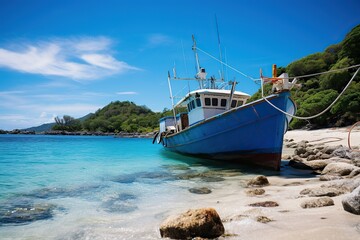 Obraz premium Blue fishing boat moored on a tropical beach with clear waters
