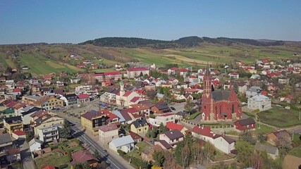 Kolaczyce, Poland - 9 9 2018: Photograph of the old part of a small town from a bird's flight. Aerial photography by drone or quadrocopter. Advertise tourist places in Europe. Planning a 