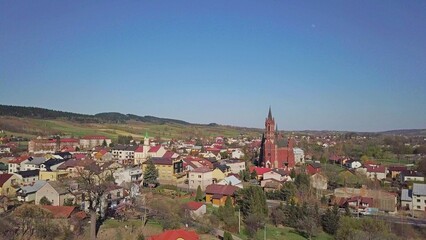 Kolaczyce, Poland - 9 9 2018: Photograph of the old part of a small town from a bird's flight. Aerial photography by drone or quadrocopter. Advertise tourist places in Europe. Planning a 
