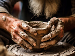 Elderly man making clay pot from hands - ai generative - obrazy, fototapety, plakaty