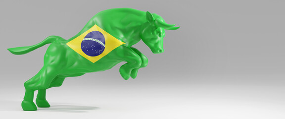 Horizontal banner of a bull with Brazil flag on plain empty grey background. Presentation background image with copy space represents Brazil bull stock market. 3d rendering	
