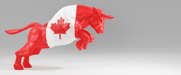 Horizontal banner of a bull with Canada flag on plain empty grey background. Presentation background image with copy space represents Canada, bull stock market. 3d rendering	
