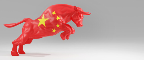 Horizontal banner of a bull with China flag on plain empty grey background. Presentation background image with copy space represents China bull stock market. 3d rendering