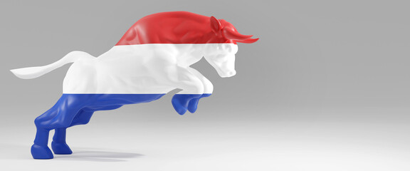 Horizontal banner of a bull with Netherlands flag on plain empty grey background. Presentation background image with copy space represents Netherlands bull stock market. 3d rendering	
