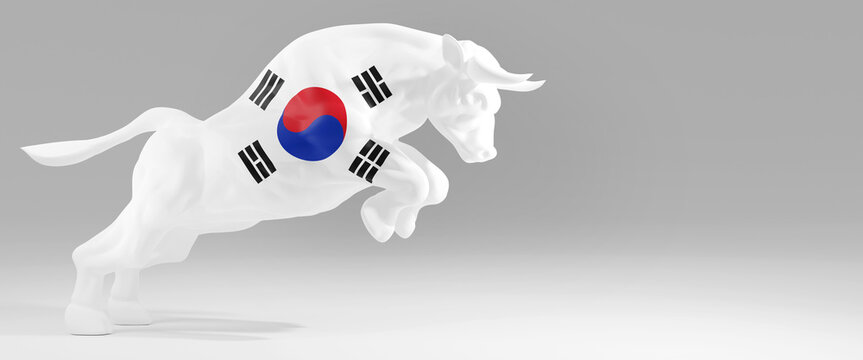 Horizontal banner of a bull with South Korea flag on plain empty grey background. Presentation background image with copy space represents Korea bull stock market. 3d rendering
